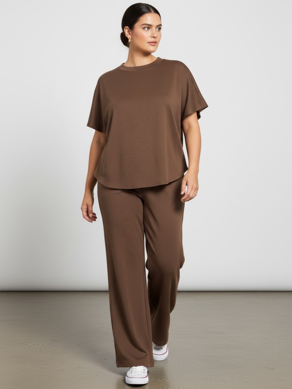 1568 • Plus Chocolate Buttery Soft Scuba Short Sleeve Draped Dolman Pant Set